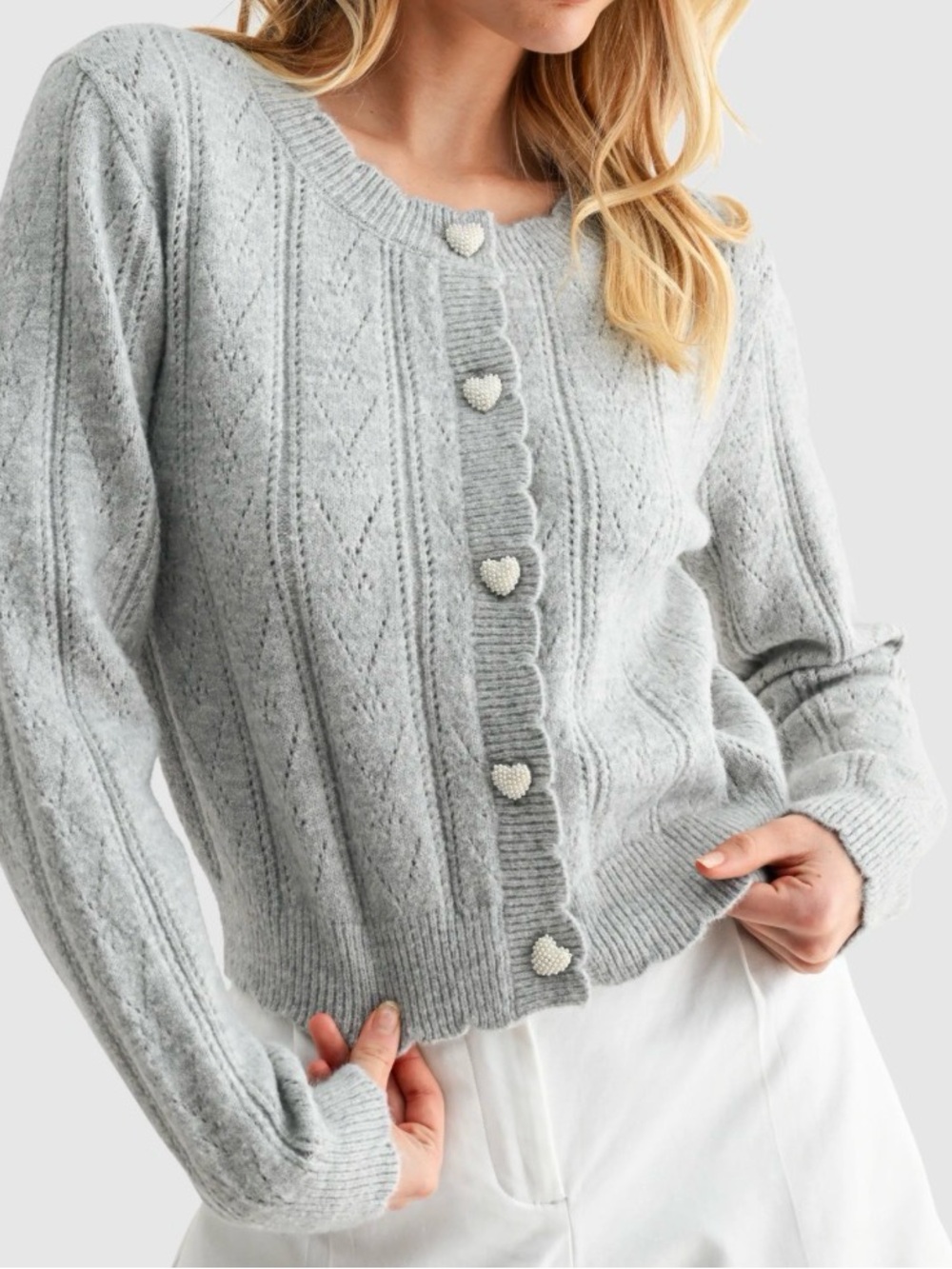 Lush Cozy Gray Cable Knit Cardigan Sweater pearl Heart Buttons coquette Sz M NWT